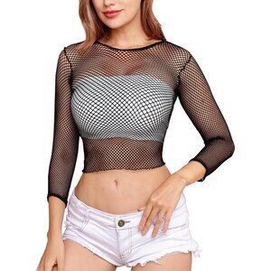 🆕 Women Black Fishnet Long Sleeve Crop Top Mini Lingerie Mesh Babydolls Chemise